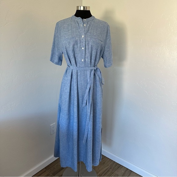BANANA REPUBLIC Antique Blue LINEN-BLEND UTILITY MIDI SHIFT Shirt DRESS Size L - Picture 3 of 13